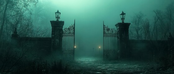 Ornate iron gates stand open under foggy atmosphere, beckoning pathway into unknown under ominous, eerie ambiance.