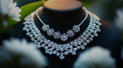 A bridal jewelry set with matching necklace and earrings adorned with crystals.