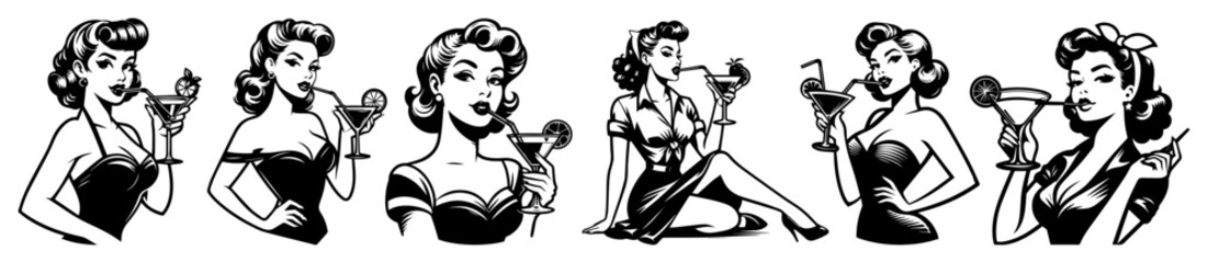 set of vintage pinup girls with cocktails in hand, retro bar or lounge themed black and white vector
