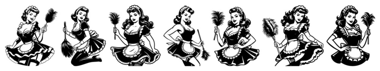 black and white vector set of retro pin-up girls in kitchen outfits with utensils in vintage style