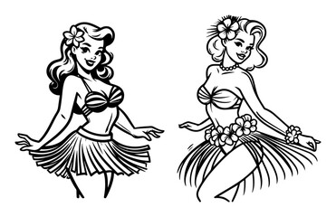 black and white vector of two retro pin-up hula girls dancing in grass skirts and flower leis