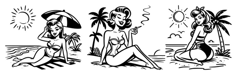 Sunny Beach Trio – Vintage Swimsuit Pin-Up Girls Lounging under Sun, Umbrella and Palms, Playful Vector Set
