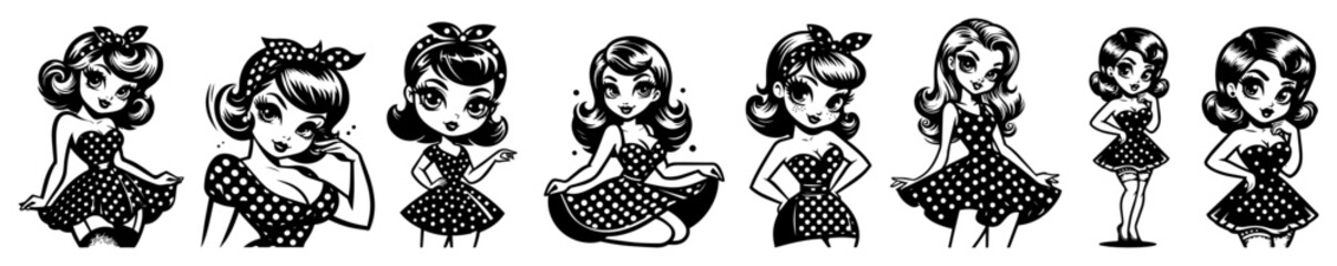 set of pin-up girls in vintage cartoon style