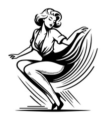 pinup girl with flying dress blackandwhite vector

