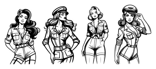 retro pilot pinup girls in aviator uniforms and hats, stylish black and white vector illustration
