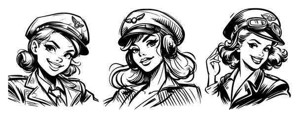 Aviator Pin‑Up Trio with Goggles – Retro Aviation Vector