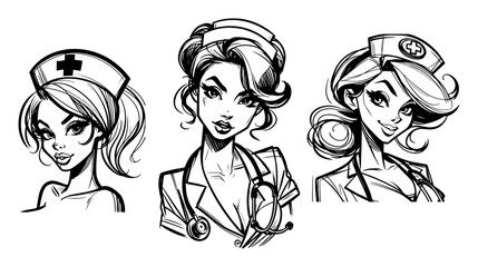 Medical Pin-Up Trio – Nurse, Doctor and Paramedic with Stethoscope, Bold Black-White Vintage Vector