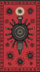 Obraz premium Ornate, gear-like device, with radiating pipes and a circular face against a red starburst background
