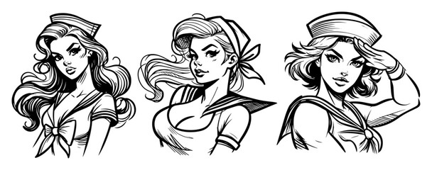 Glam Service Pin-Up Quartet – Sailorette, Waitress, Mechanic and Tour Guide, Playful Vintage Vector Collection