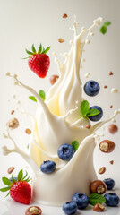 Blueberries, strawberries and hazelnuts in dynamic splashes of creamy yogurt