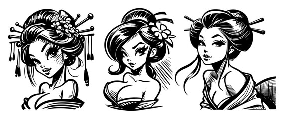 black and white tattoo-style vector set of geisha women with traditional hair and floral accessories