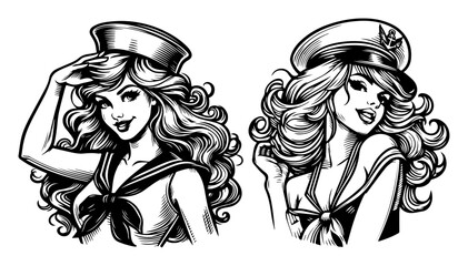 Flirty Sailor Pin‑Up Duo with Caps – Classic Seaside Vector
