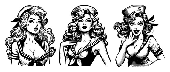 Four Sailor Beauties in Nautical Attire – Monochrome Pin‑Up Vector Pack