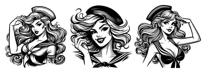 Sailor Pin‑Up Trio with Nautical Hats – Retro Vector Set