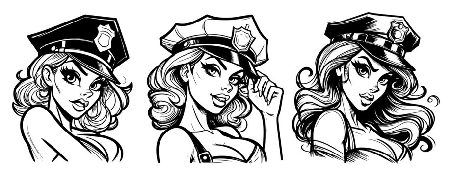 black and white vector portraits of pin-up style policewomen in uniform and hats, tattoo-inspired