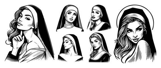 vintage pin-up nuns black and white vector