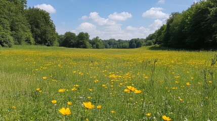 Vibrant Yellow Wildflowers in a Lush Green Meadow