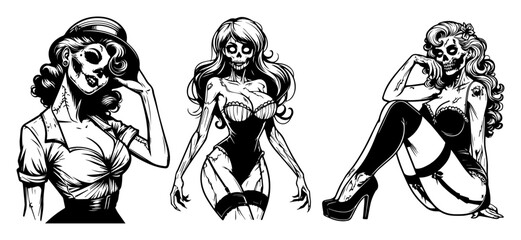 pin-up women with sugar skull makeup vector