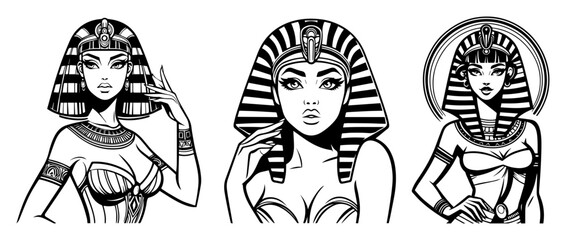 Egyptian Goddess Pin-Up Set – Regal Femmes with Nemes Stripes and Scarab Jewelry, Bold Black-White Vector Illustrations