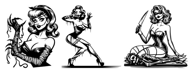 three pinup horror girls with claw, knife, and pose, vintage black and white halloween vector set