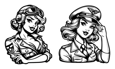 black and white vector of female soldiers in retro pin-up style, pilot and officer characters