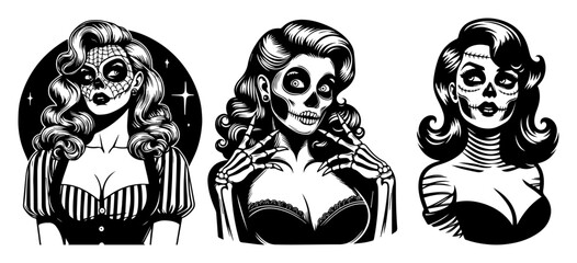 Day of the Dead Pin‑Up Beauties with Sugar Skulls – Calavera Vector