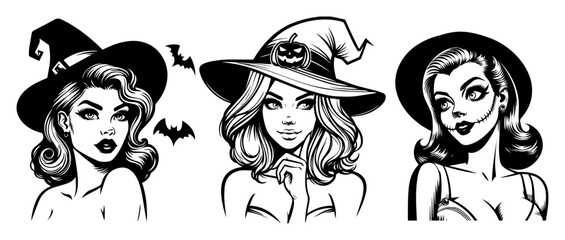 Stylish Pin‑Up Witches with Bats – Elegant Halloween Vector Set