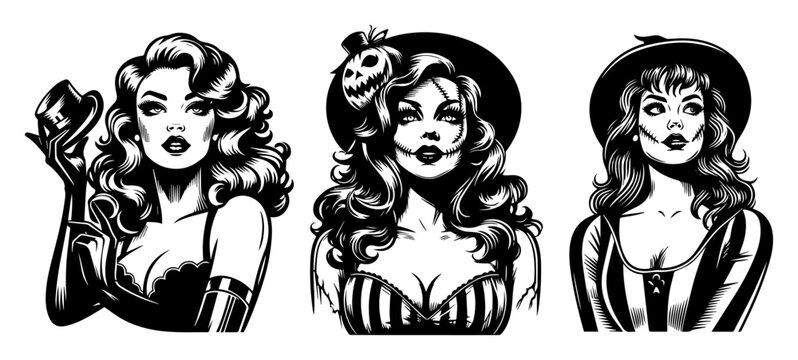 Gothic Pin‑Up Girls with Raven & Cross – Dark Retro Vector Collection