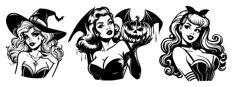 Halloween Pin-Up Collection &ndash; Witch, Devil Girl with Jack-o&rsquo;-Lantern, and Vampire Beauty, Spooky Retro Vector