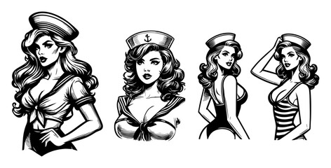 Sailor Pin‑Up Girls in Nautical Outfits – Classic Seaside Vector Pack