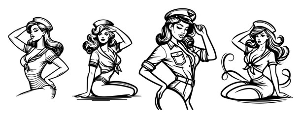Set of Four Vintage Pin-Up Girls – Playful Sitting Poses, Classic Black-Line Vector Silhouettes