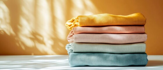 Stack of folded linens presents calming visual through pastel shades, gentle light, organized composition.