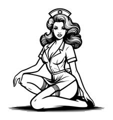 vintage pin-up nurse in sexy uniform, black and white vector illustration
