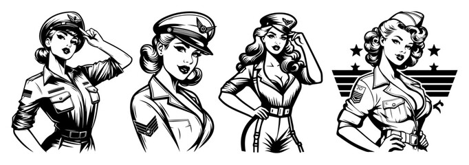 black and white pin-up military girls in vintage uniforms, vector illustration