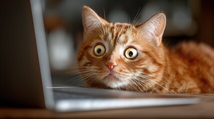 Ginger Cat with Shocked Expression Staring at Laptop Screen