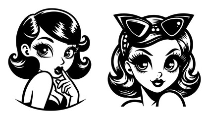 cute retro pin-up girls with big eyes and stylized faces, black and white cartoon vector