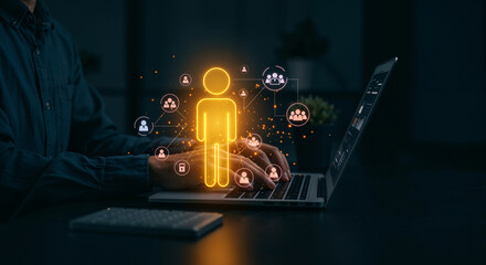 Person using laptop with glowing network connections, illustrating digital management