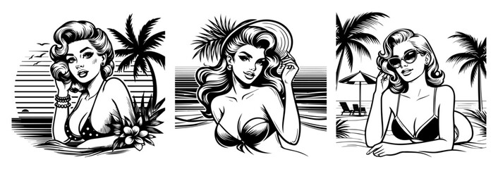 Naklejka premium vintage comic-style bikini girls posing at the beach with palm trees – vector lineart