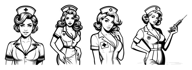 Retro Nurse Pin‑Up Girls with Syringe – Sexy Medical Vector Bundle