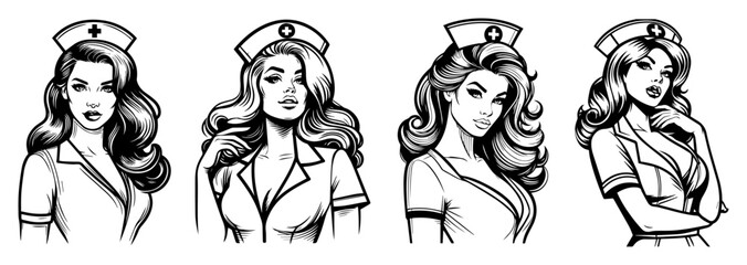 Classic Nurse Pin‑Up Portrait Collection – Retro Medical Vector Set