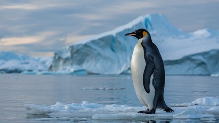 Fototapeta premium Proud Emperor penguin on ice floe with colossal blue iceberg behind