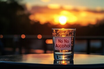 Glass with no alcohol sign against blurred sunset background