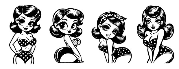 Naklejka premium set of pin-up girls in retro bikini style, black and white cartoon vector illustration