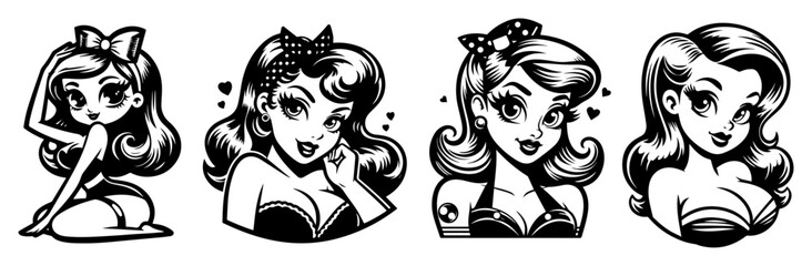 cartoon-style portraits of glamorous retro pin-up girls, black and white vector