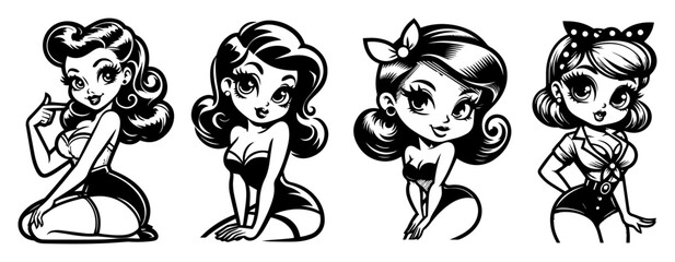 Naklejka premium Pin-up girls sitting in swimsuits retro vector illustration