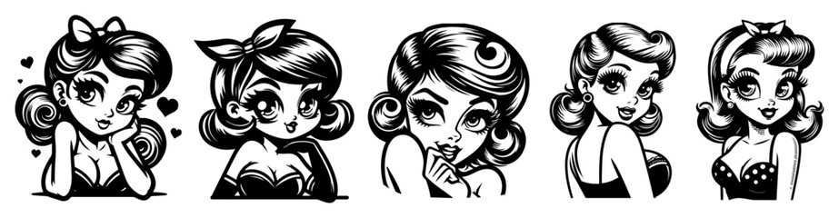 Vintage style female faces pin-up illustration vector