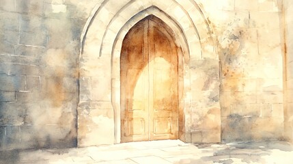 Fototapeta premium Elegant Watercolor Painting of Arched Church Doorway