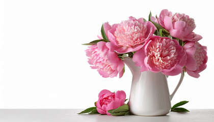 Obraz premium pink peonies blooming in a white pitcher on white background