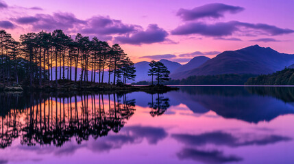 A calm lake reflecting a purple and pink sunset with distant pine trees.