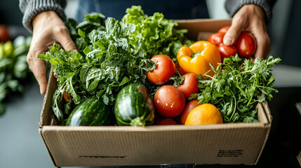A box filled with fresh organic produce like tomatoes bell peppers lettuce and herbs. Perfect for healthy eating meal prepping or supporting local farmers.